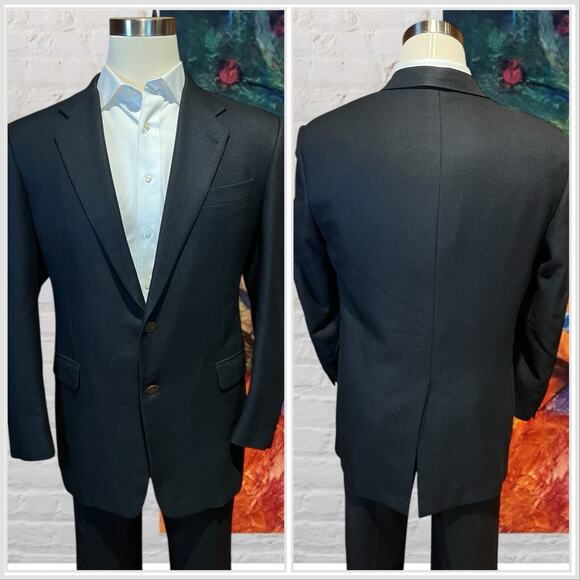 Hickey Freeman 44R Black Birdseye Blazer Brass Tone Buttons Lambswool Cashmere - Picture 6 of 14